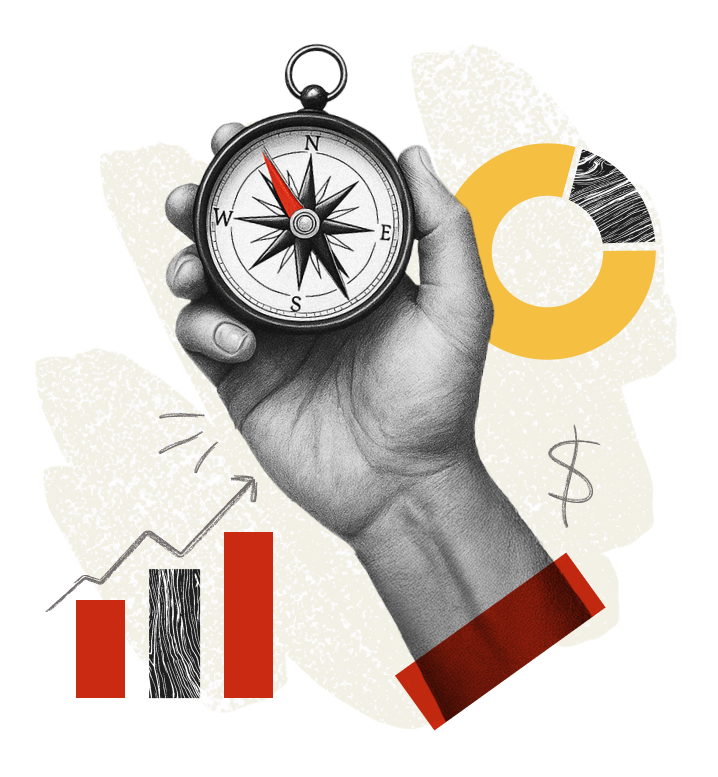 hand holding compass graphs and bar charts