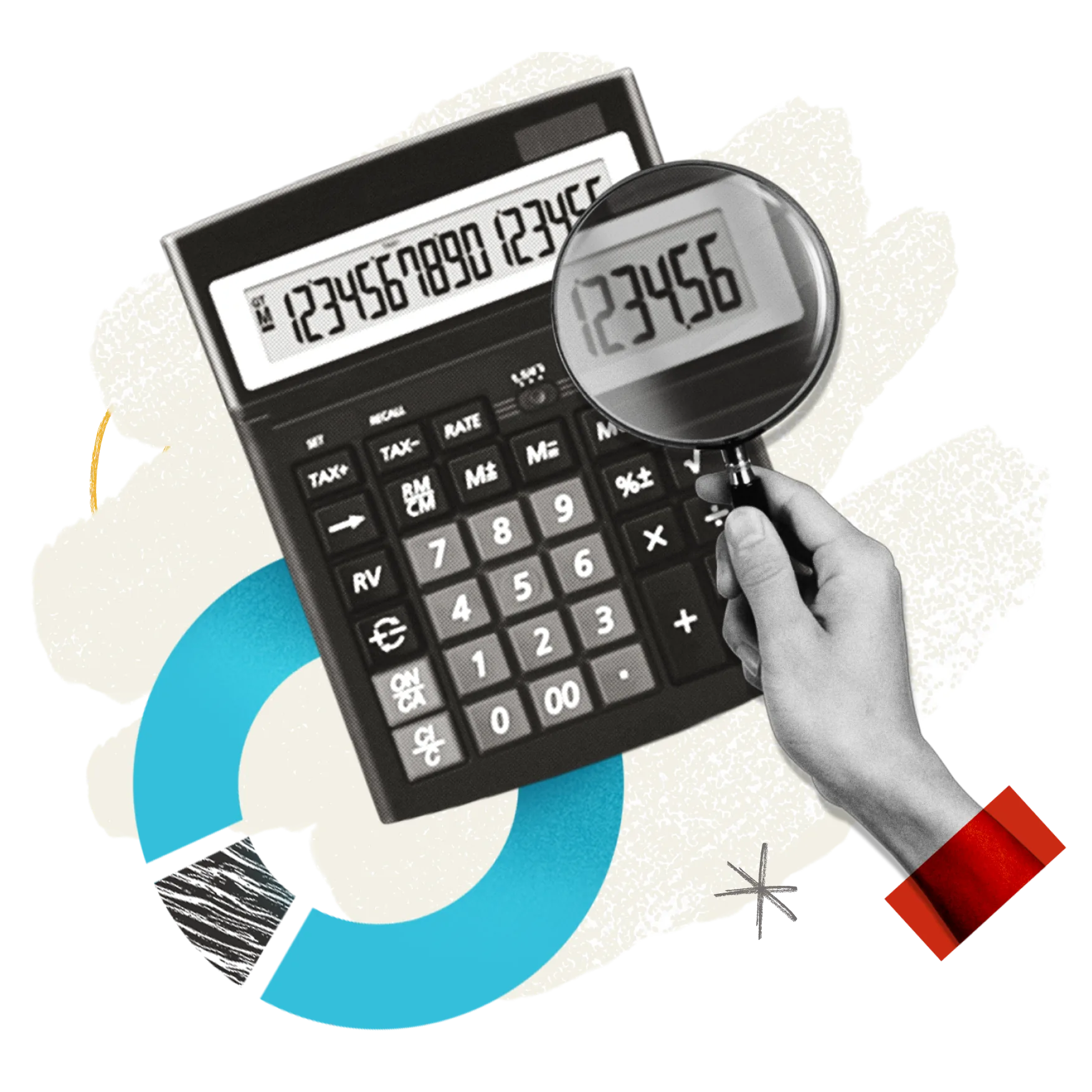 Hand Holding Calculator under magnifying glass