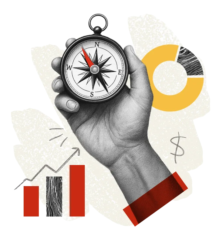 hand holding compass graphs and bar charts